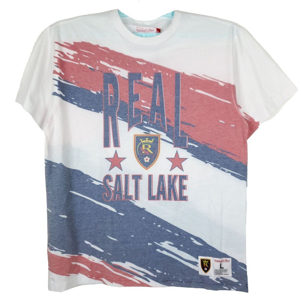 Real Salt Lake Mitchell & Ness MLS L Large Shirt Paint Brush White Red Blue NWT